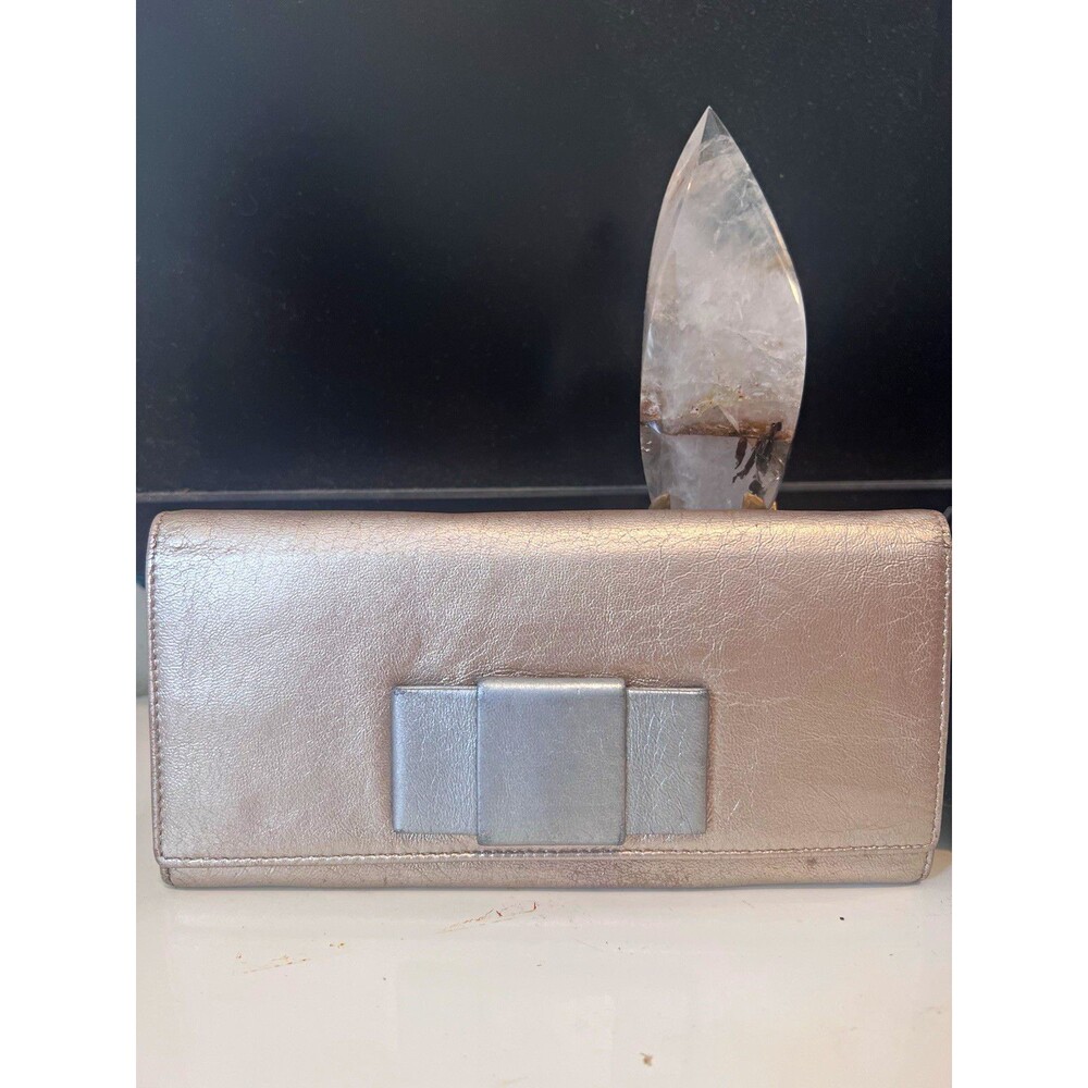 Miu Miu Metallic Silver Leather Bow Continental Wallet Clutch Authentic